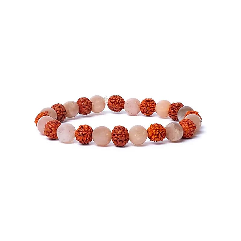 Rudraksha & Peach Moonstone Bracelet – Elastic Healing Beads (AA Quality, 8mm)