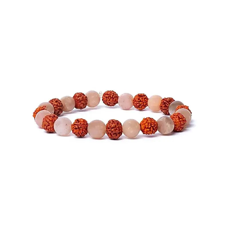 Rudraksha & Peach Moonstone Bracelet – Elastic Healing Beads (AA Quality, 8mm) PowerfulHand