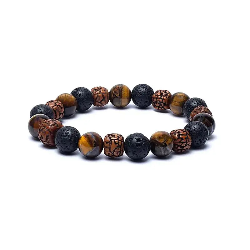 Rudraksha, Tiger Eye & Lava Stone Bracelet – Elastic Energy Beads (10mm) PowerfulHand