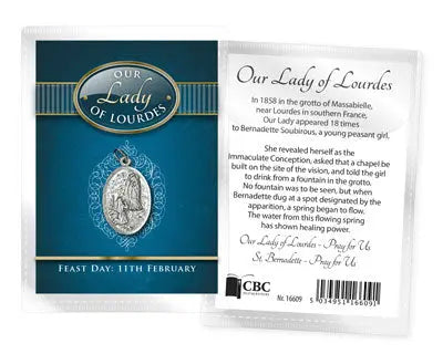 Our Lady of Lourdes Leaflet with Oxidised Medal PowerfulHand