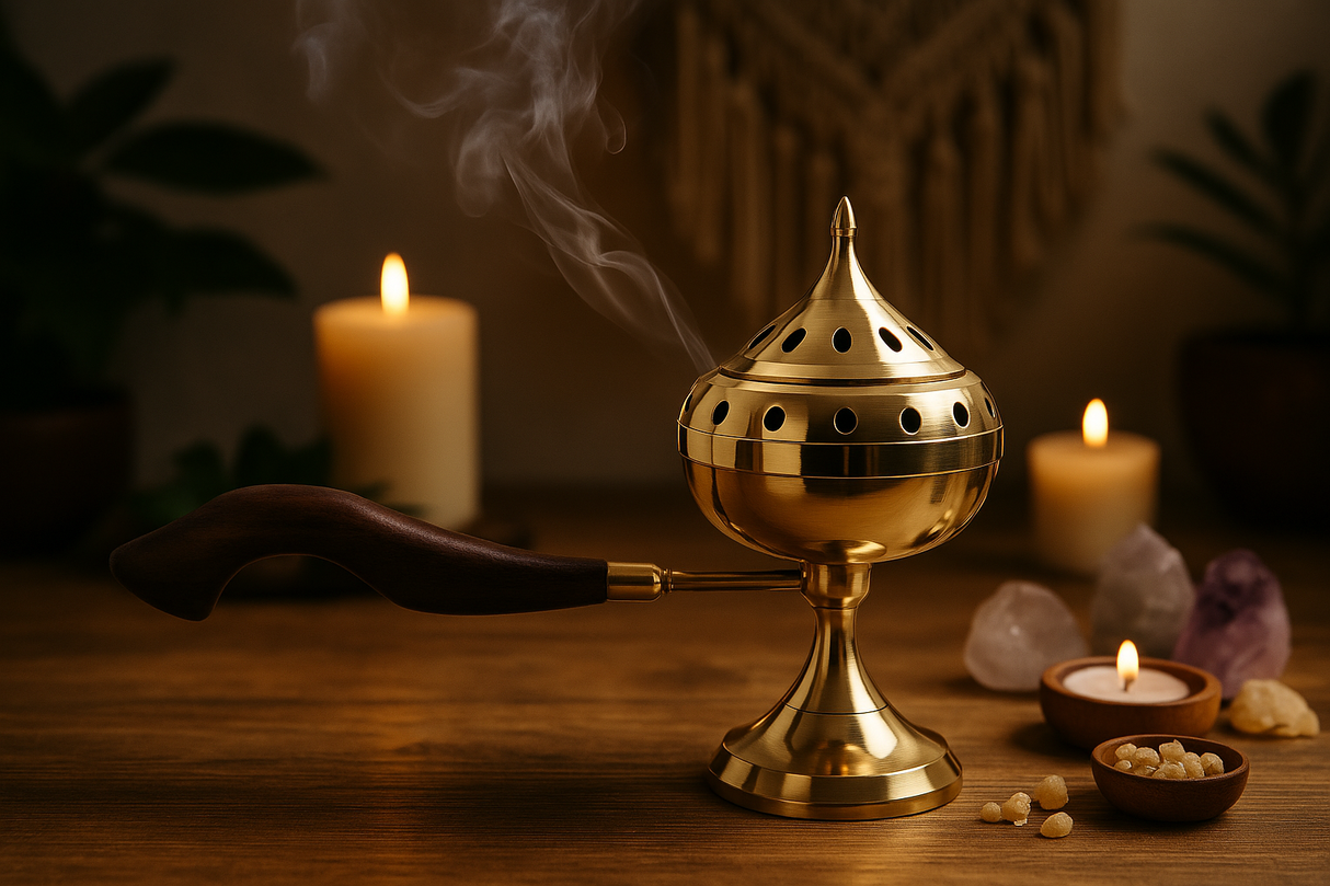 Brûleur d'encens en laiton avec manche en bois