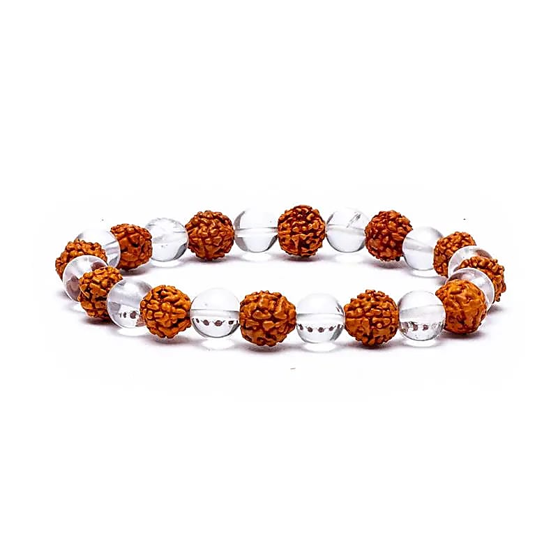Rudraksha & Rock Crystal Bracelet – Elastic Meditation Beads (8mm)