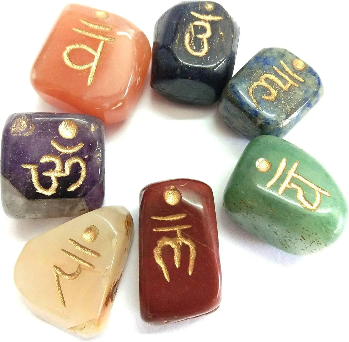 Tumbled 7-Chakra Crystal Stone Set (Engraved with Sanskrit Symbols) Powerfulhand.com