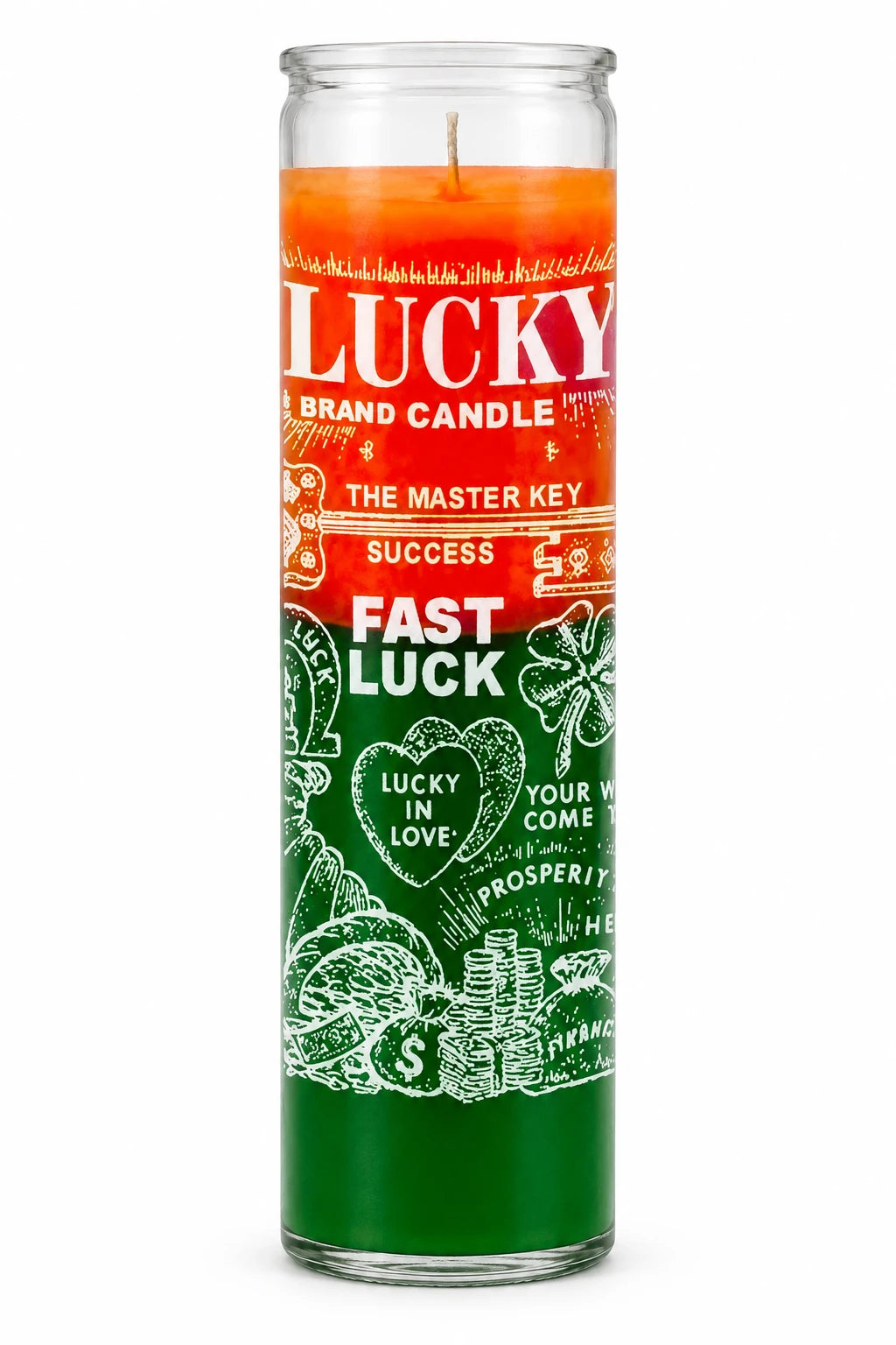 Fast Luck 7-Day Candle – Hoodoo Spell Candle for Luck & Money — Gold & Green — white studio background