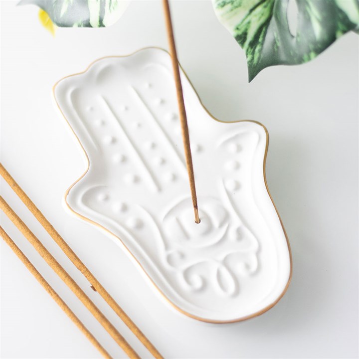 White Hamsa Hand Ceramic Incense Stick Holder
