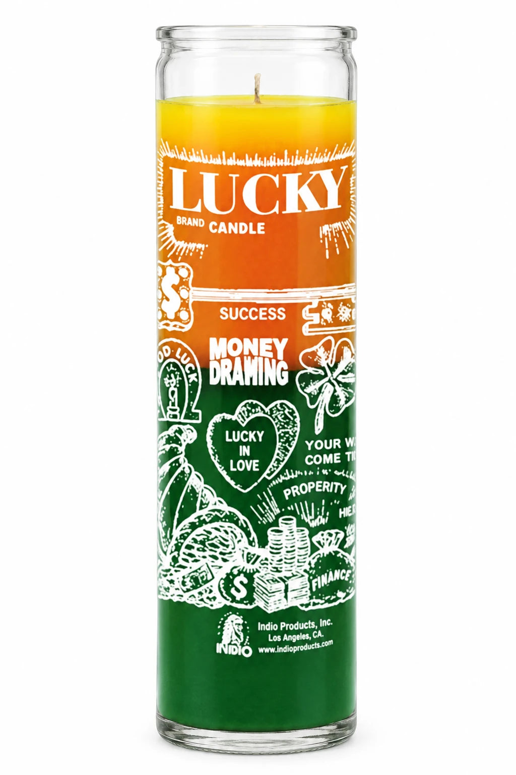 Money Drawing Candle — Gold & Green — white studio background