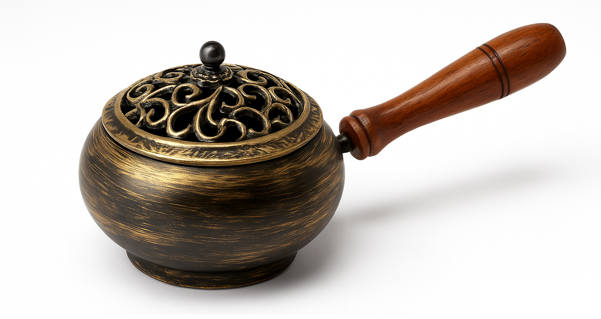 Tibetan Style Incense Burner with Bronze Effect & Wooden Handle