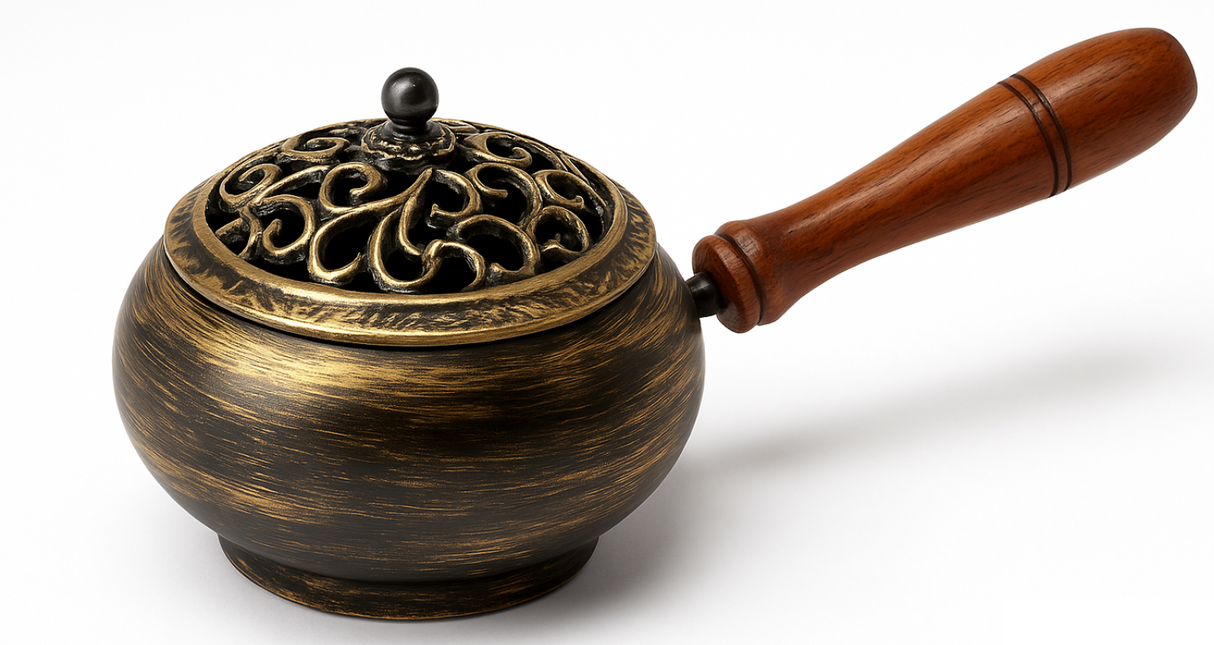 Tibetan Style Incense Burner with Bronze Effect & Wooden Handle