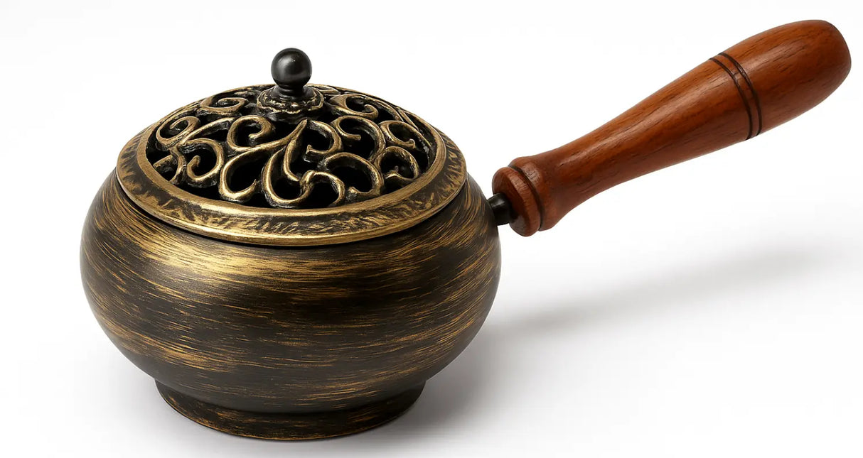 Tibetan Style Incense Burner with Bronze Effect & Wooden Handle Powerfulhand.com
