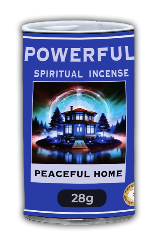 A canister of 'Powerful Spiritual Incense' labeled 'Peaceful Home', weighing 28g, with a graphic of a home on the label.