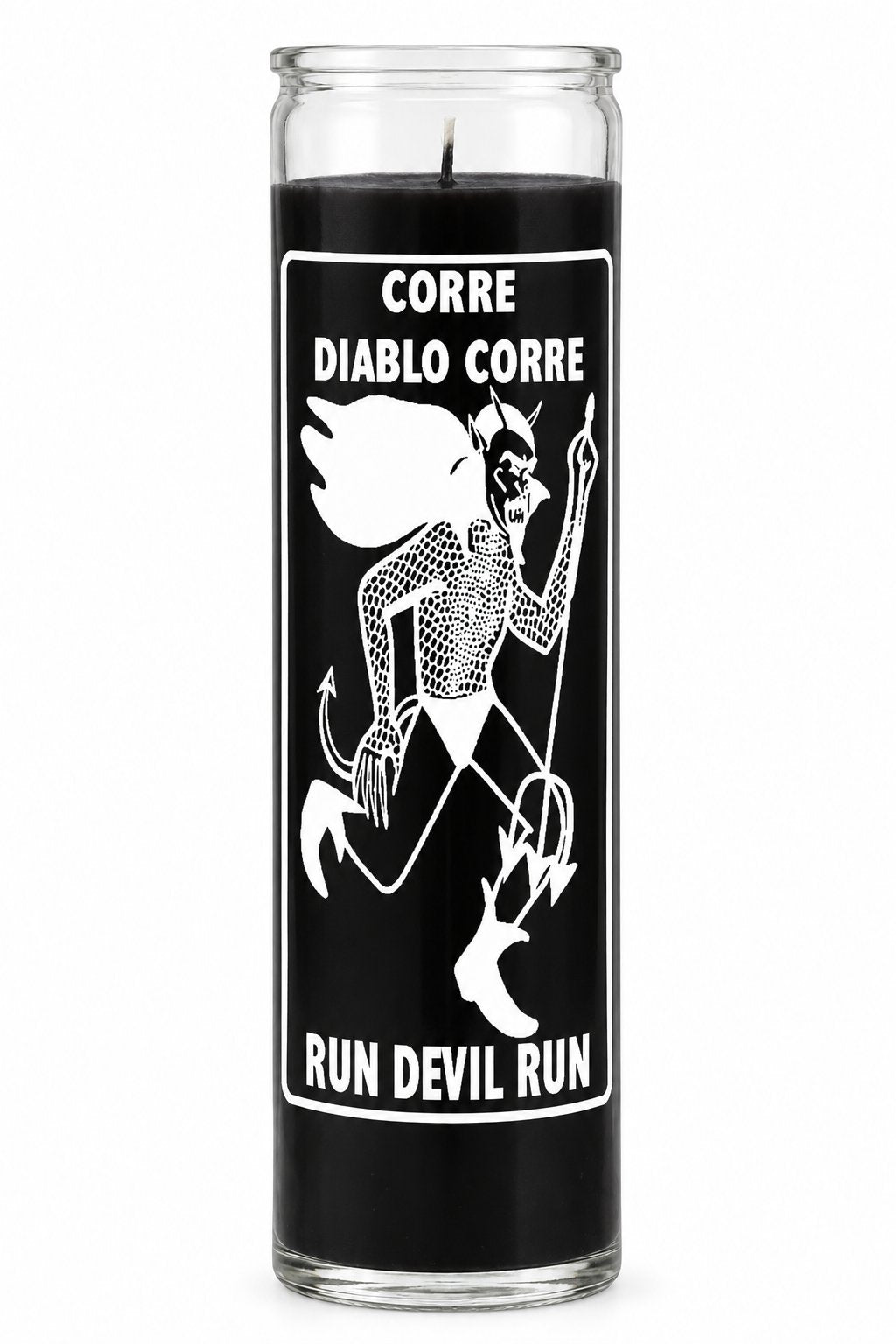 Run Devil Run 7-Day Candle – Hoodoo Banishing Spell Candle — Black — white studio background