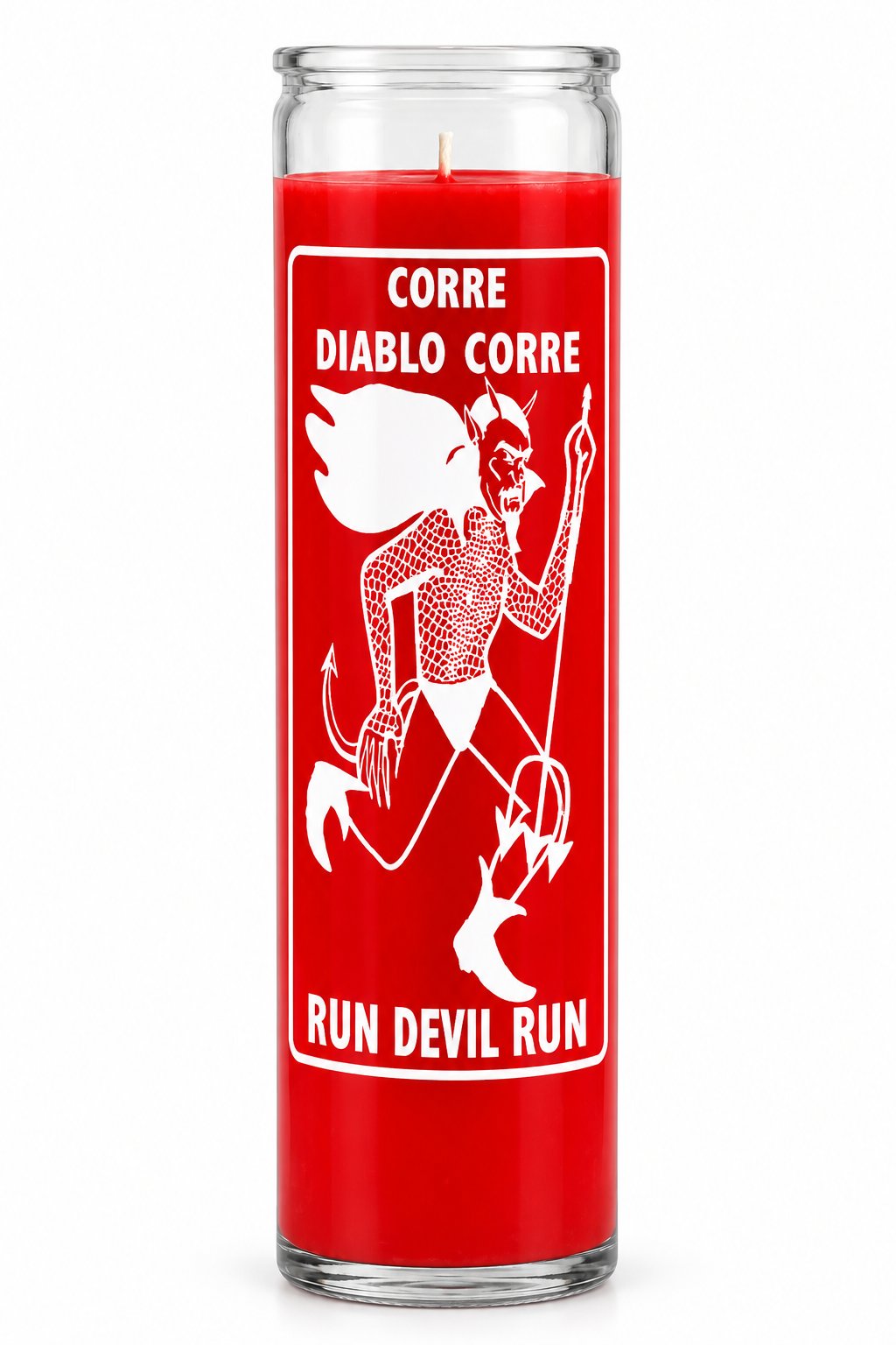 Run Devil Run 7-Day Candle – Hoodoo Banishing Spell Candle — Red — white studio background
