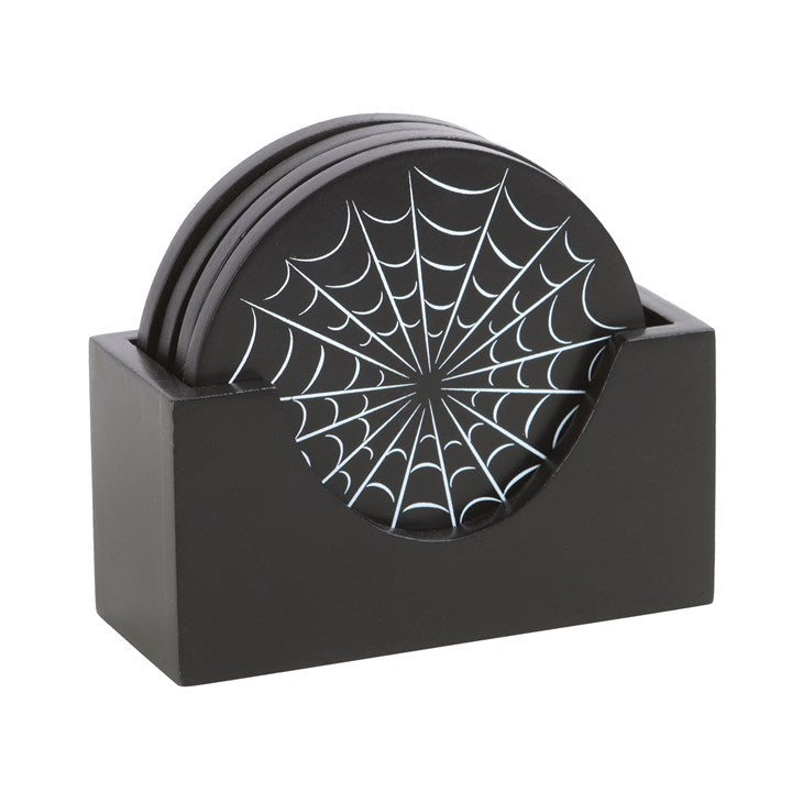 Black Spiderweb Coasters with Holder – Set of 4