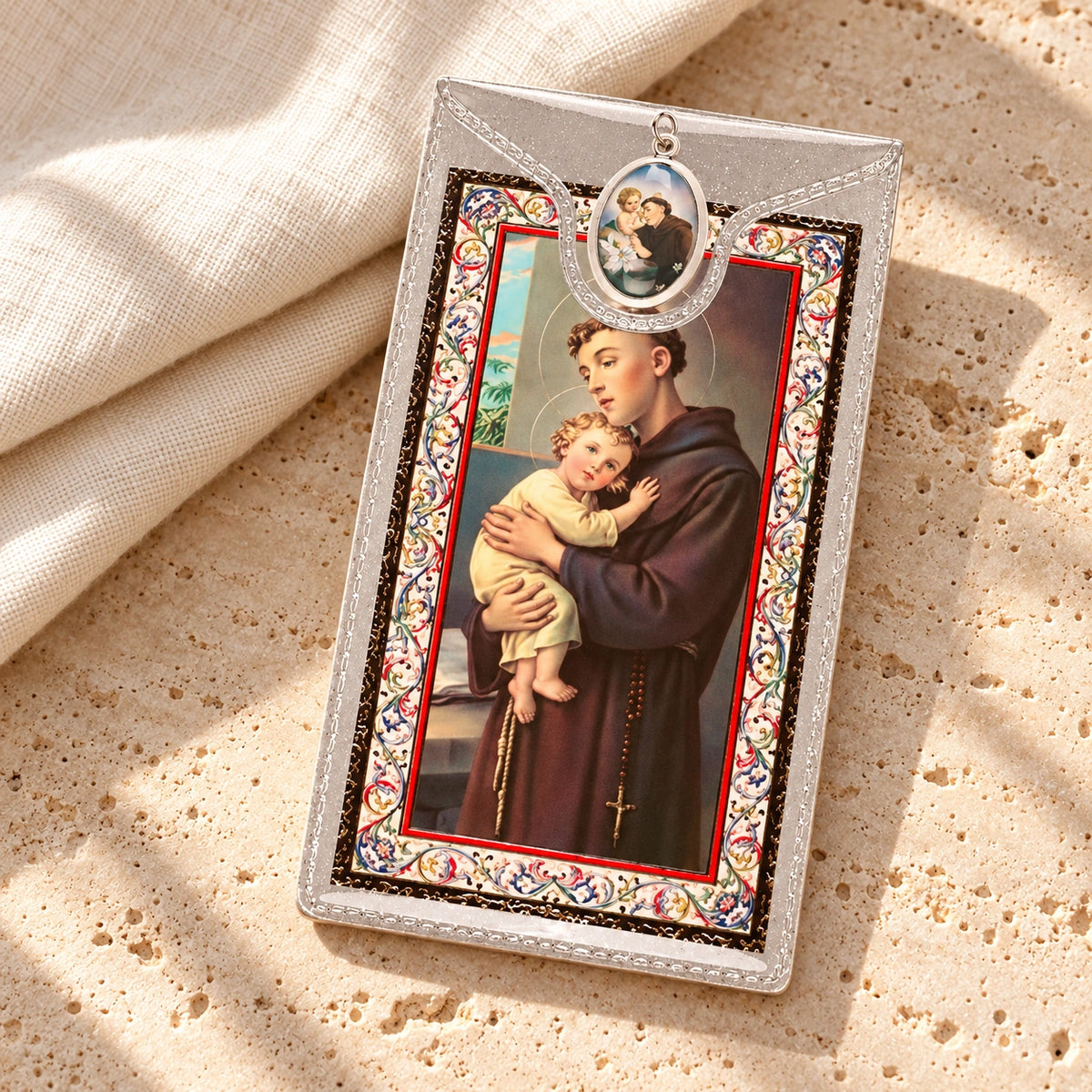 Saint Anthony Medal & Foil Leaflet Prayer Card styled on pale stone with linen