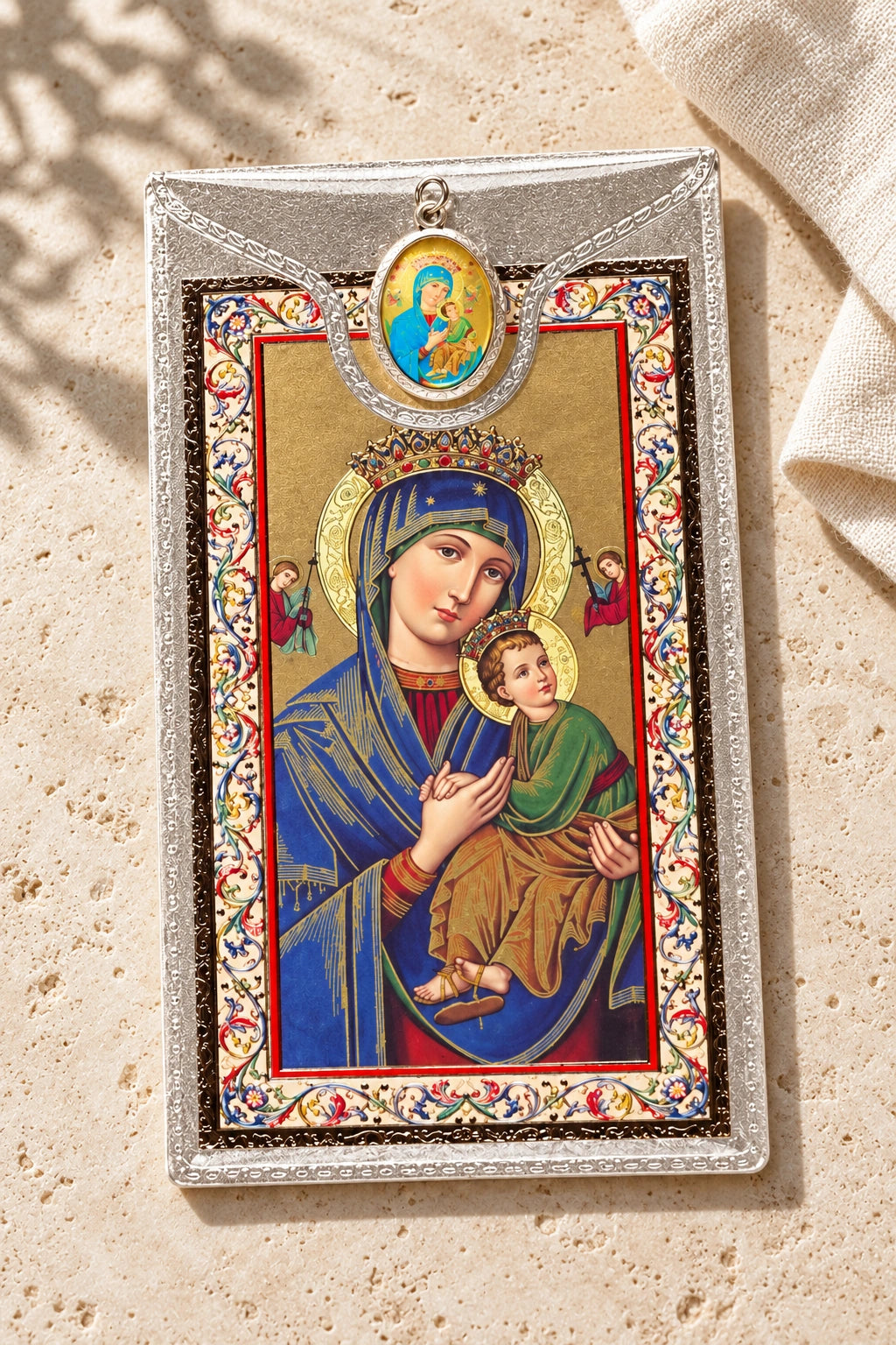 Our Lady of Perpetual Help Medal & Foil Leaflet Prayer Card styled on pale stone with linen