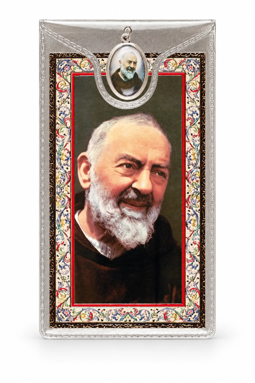 Saint Pio Medal & Foil Leaflet Prayer Card on a white background