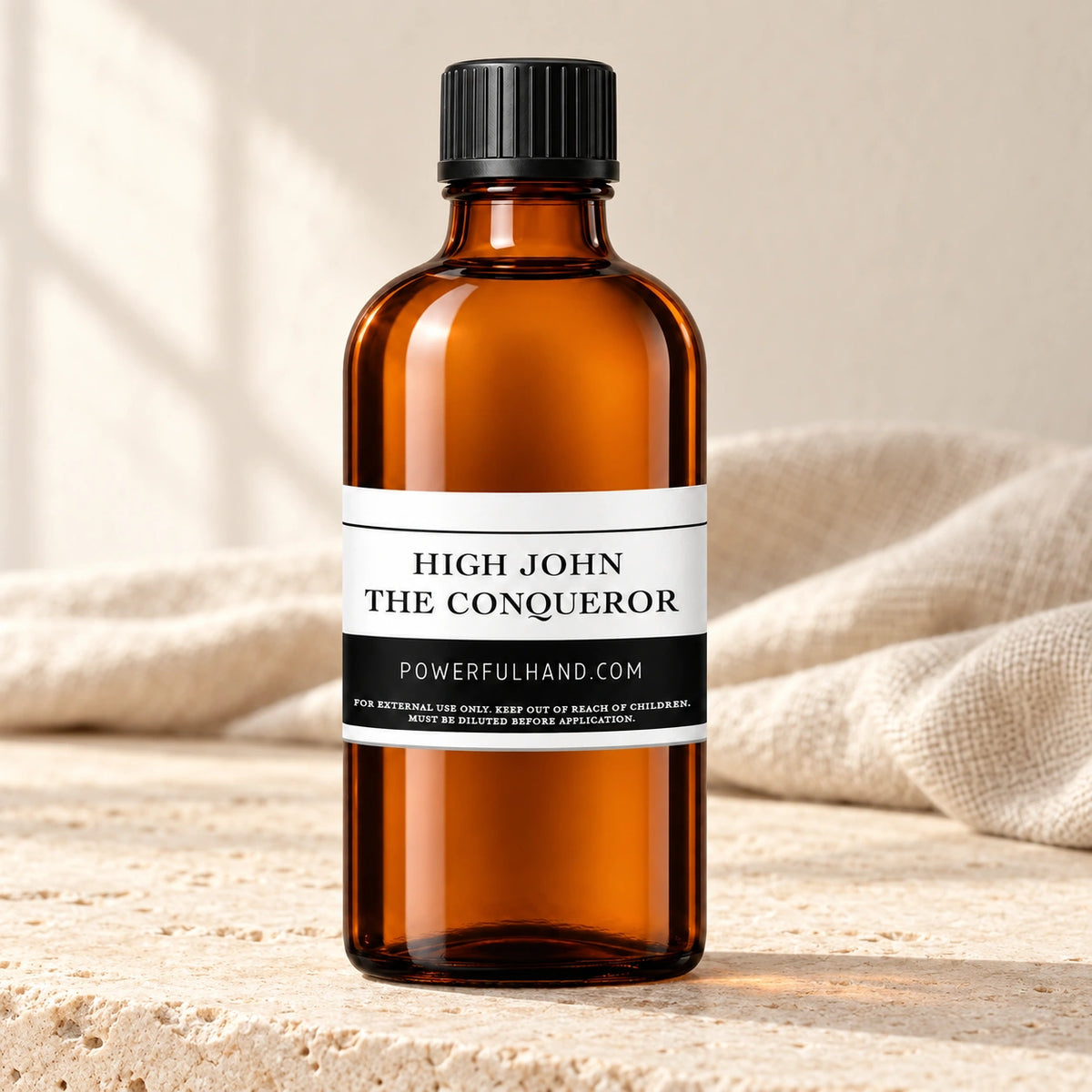 High John the Conqueror Oil — lifestyle photo on a limestone surface