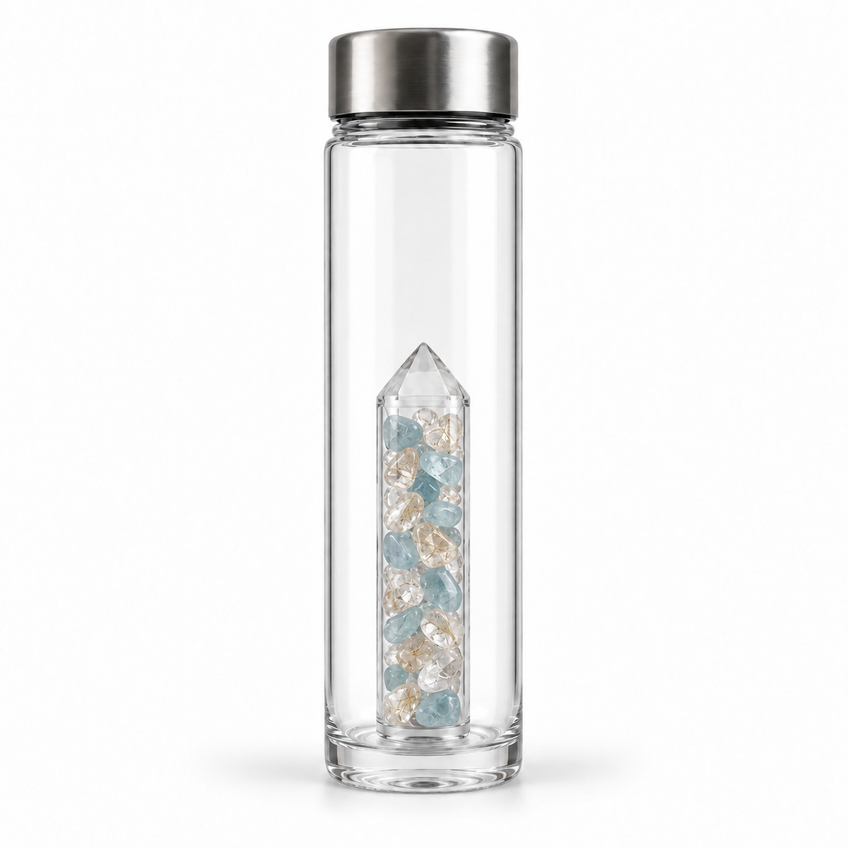 Love Divinity bottle with Angel Hair Quartz and Aquamarine