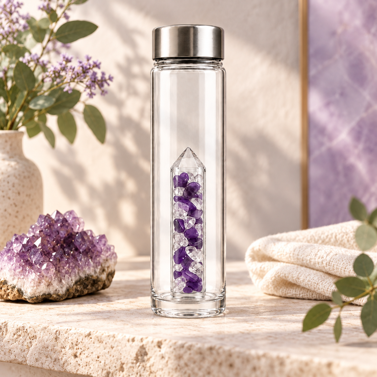 Magic Clarity crystal bottle lifestyle image with Amethyst and Rock Crystal