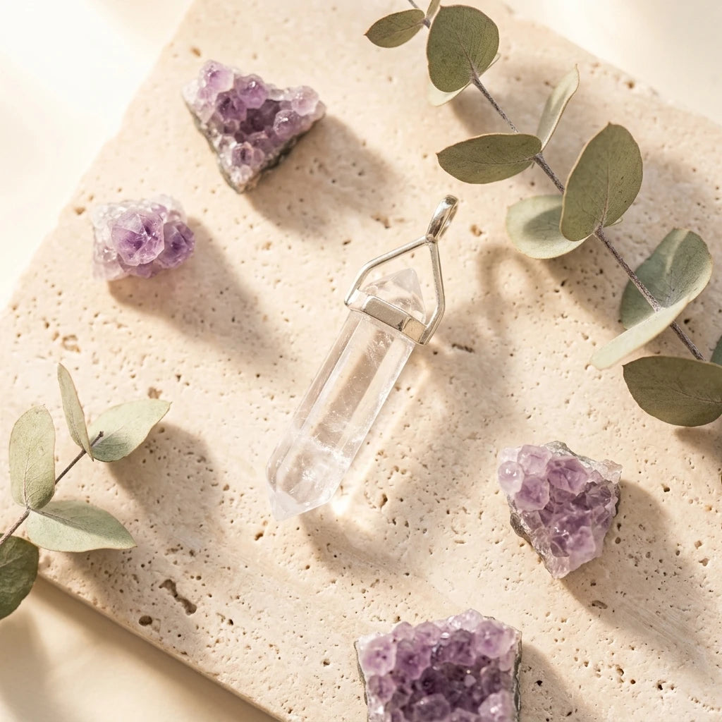 Crystal Pendant — Wellness Lifestyle Flat Lay | Generated by Modelize