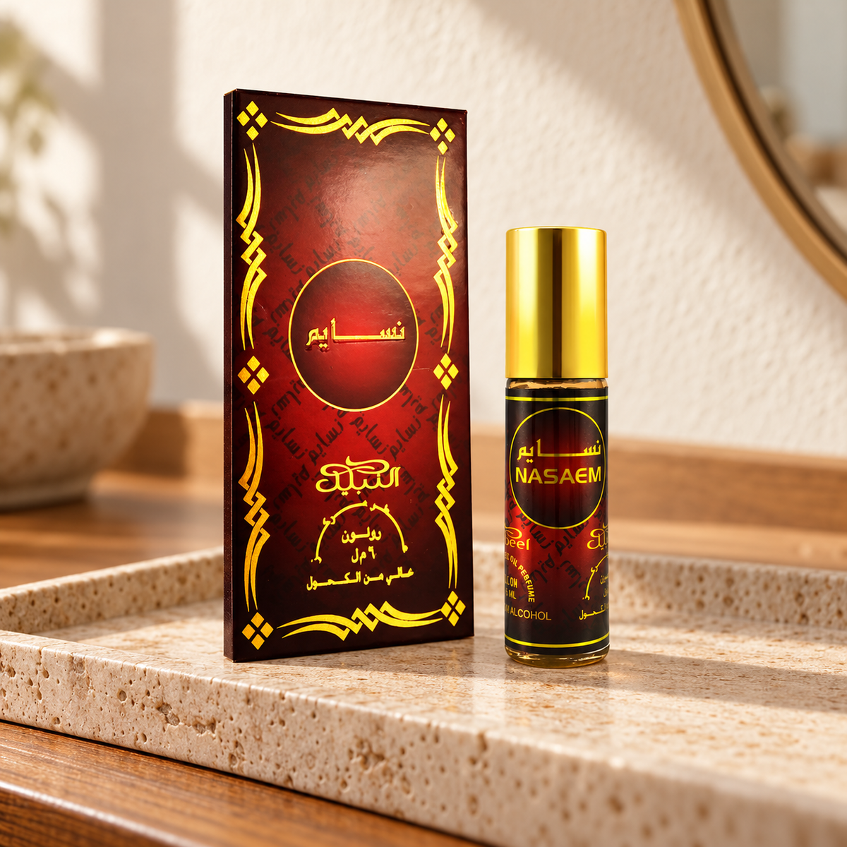 Nabeel Nasaem Oud Roller Oil Perfume — lifestyle photo on a warm stone vanity