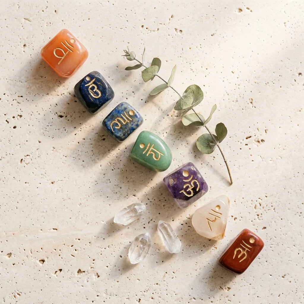 Engraved tumbled gemstone chakra set — Organic Lifestyle Flat Lay | Generated by Modelize