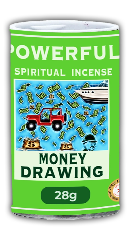 A product image featuring a green cylindrical container labeled 'Money Drawing' incense powder, with illustrations of a truck, money, and other items associated with wealth on the label.