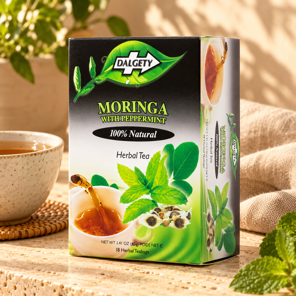 Dalgety Moringa with Peppermint Tea 40g lifestyle photograph
