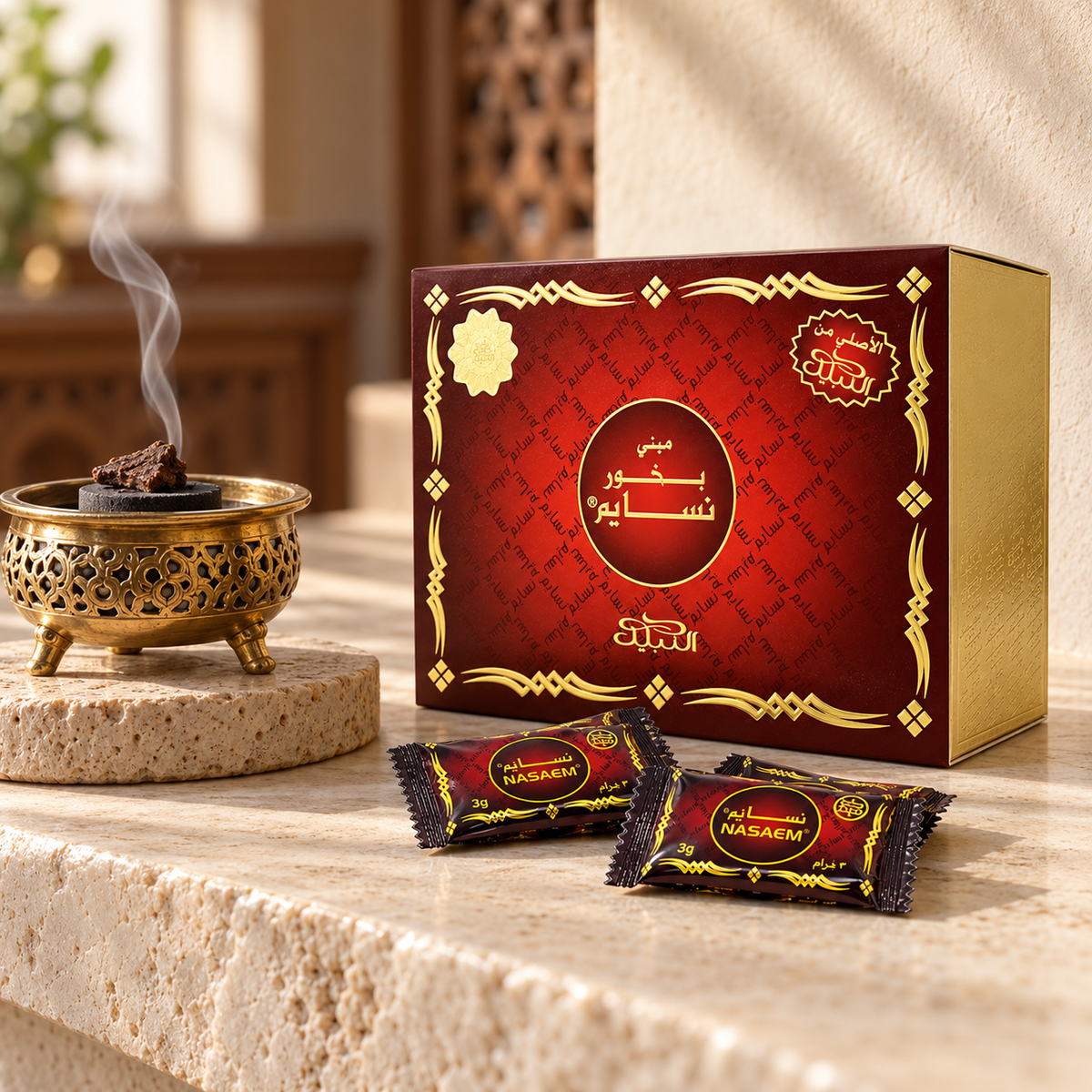 Nabeel Nasaem Mini Bakhoor box and wrapped pieces beside a brass incense burner on a stone console; burner sold separately