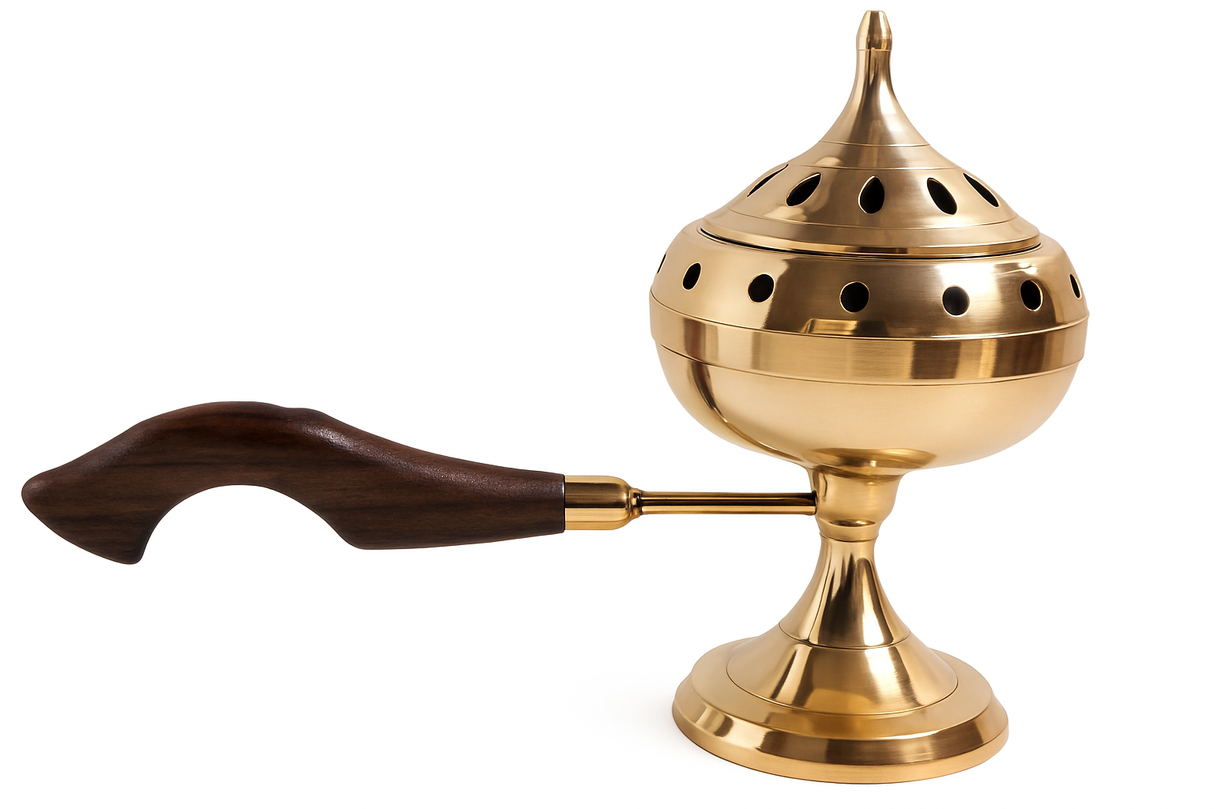 Brûleur d'encens en laiton avec manche en bois