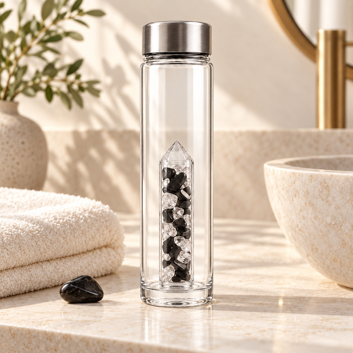 Power Protection crystal bottle lifestyle image with Shungite and Rock Crystal