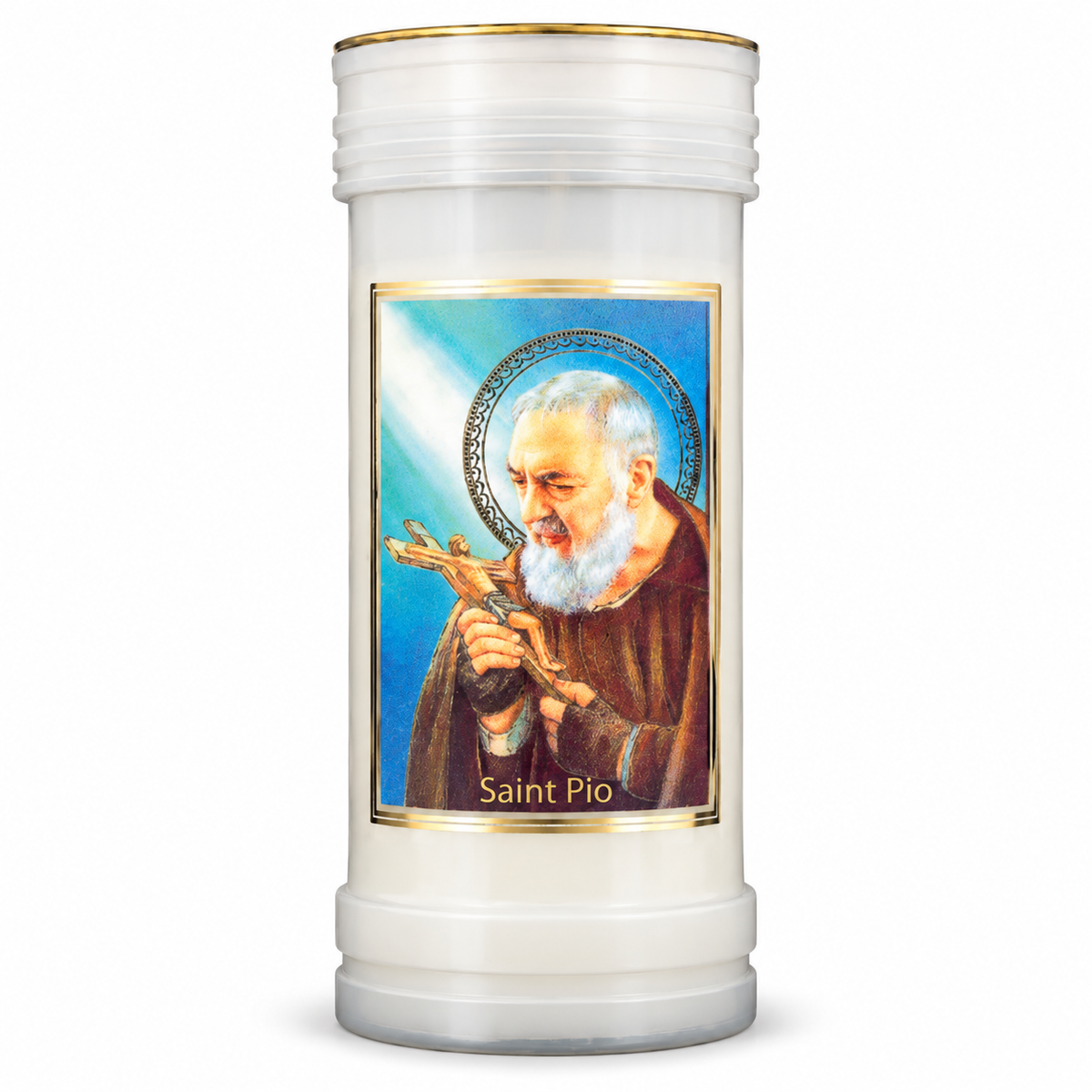 Saint Pio prayer pillar candle — single front view on a white studio background