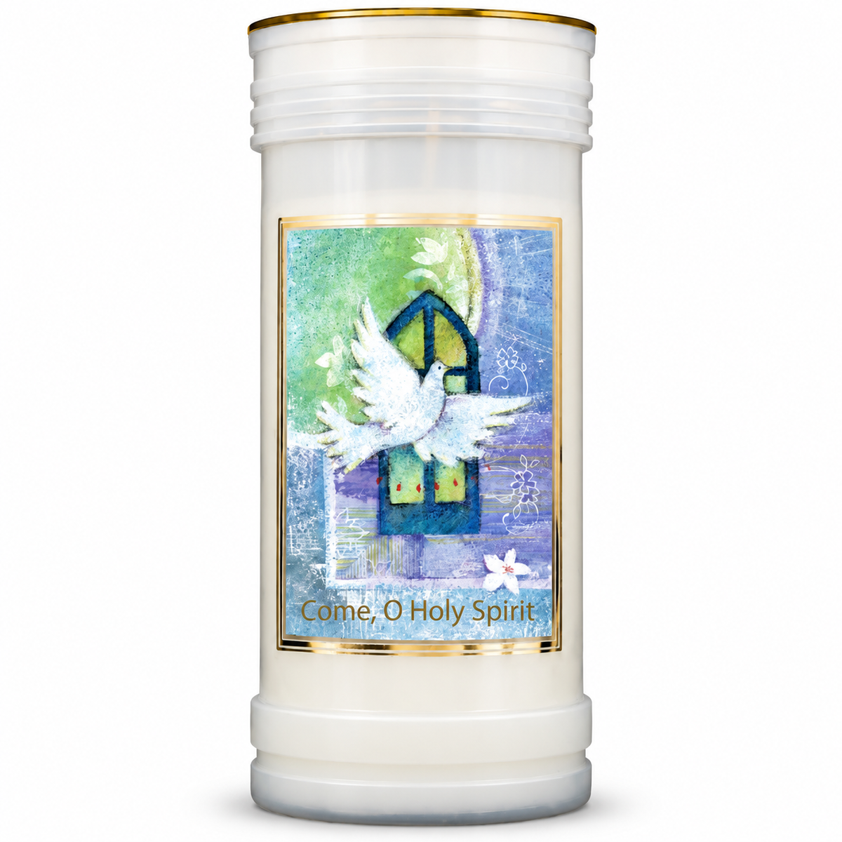 Holy Spirit prayer pillar candle — single front view on a white studio background