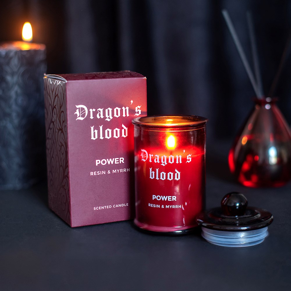 Dragon’s Blood Power Candle – Resin & Myrrh — styled lifestyle product photograph