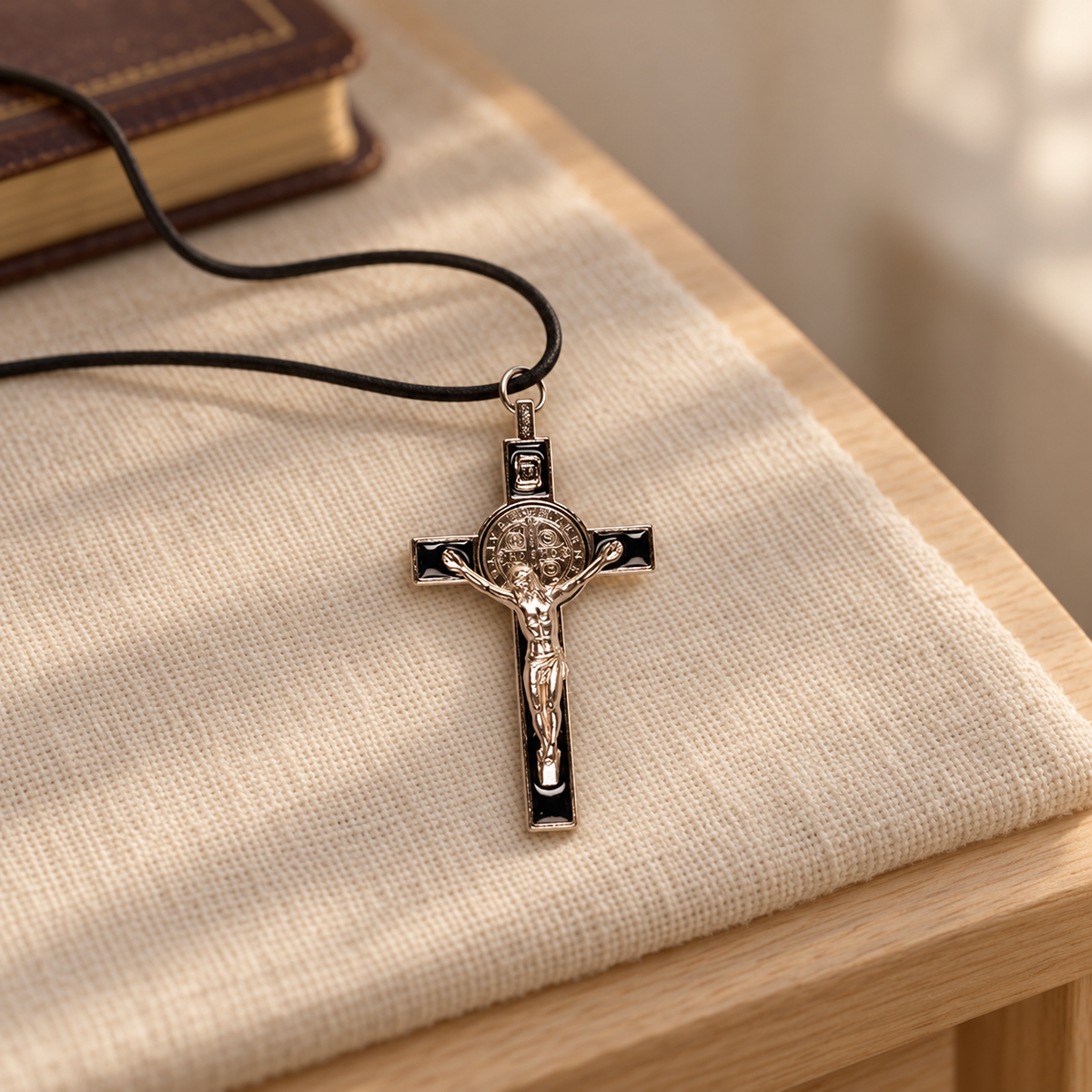 Saint Benedict Metal Crucifix – Black Enamel, 3 Inch — styled lifestyle photograph
