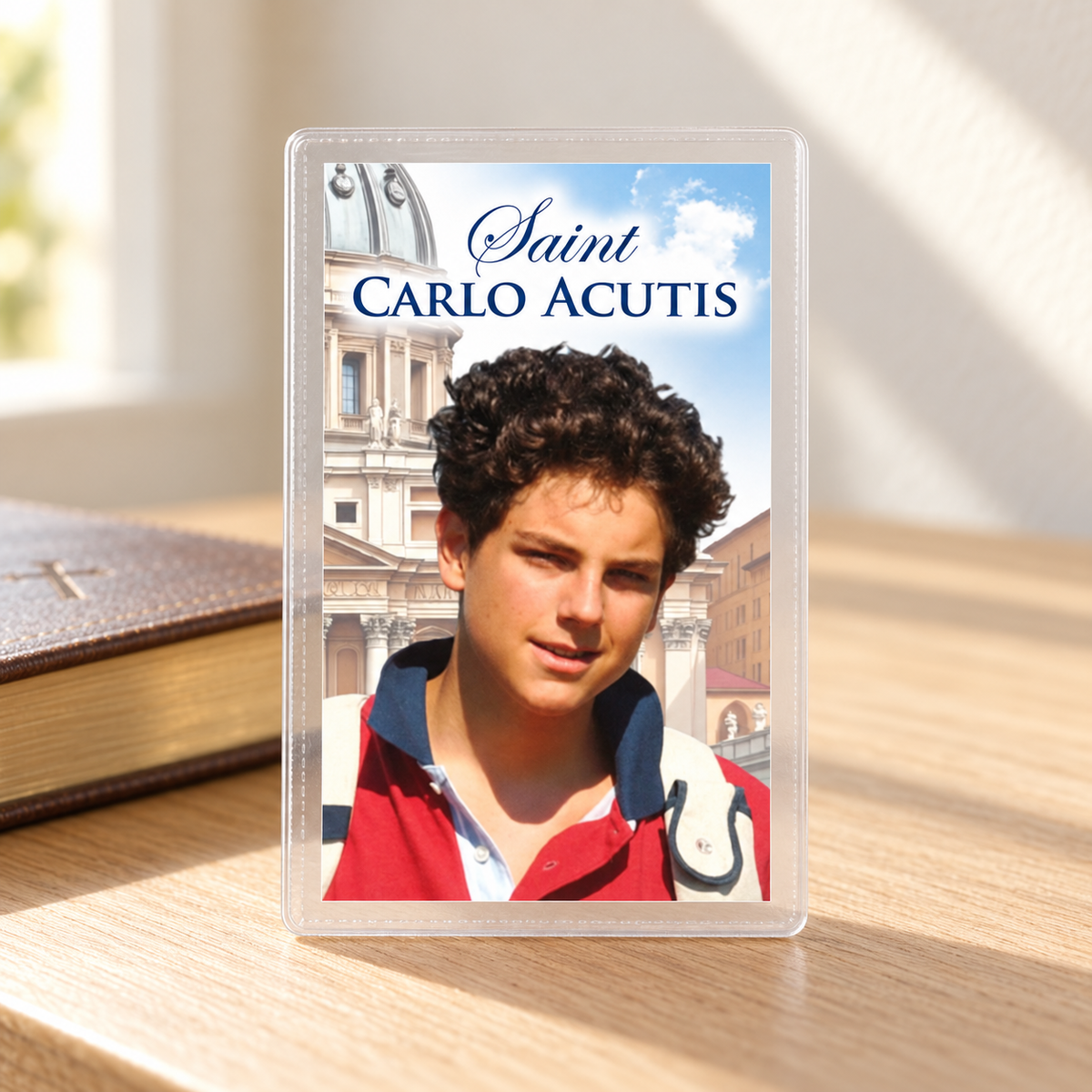 Saint Carlo Acutis Prayer Leaflet in Protective Wallet — styled lifestyle photograph