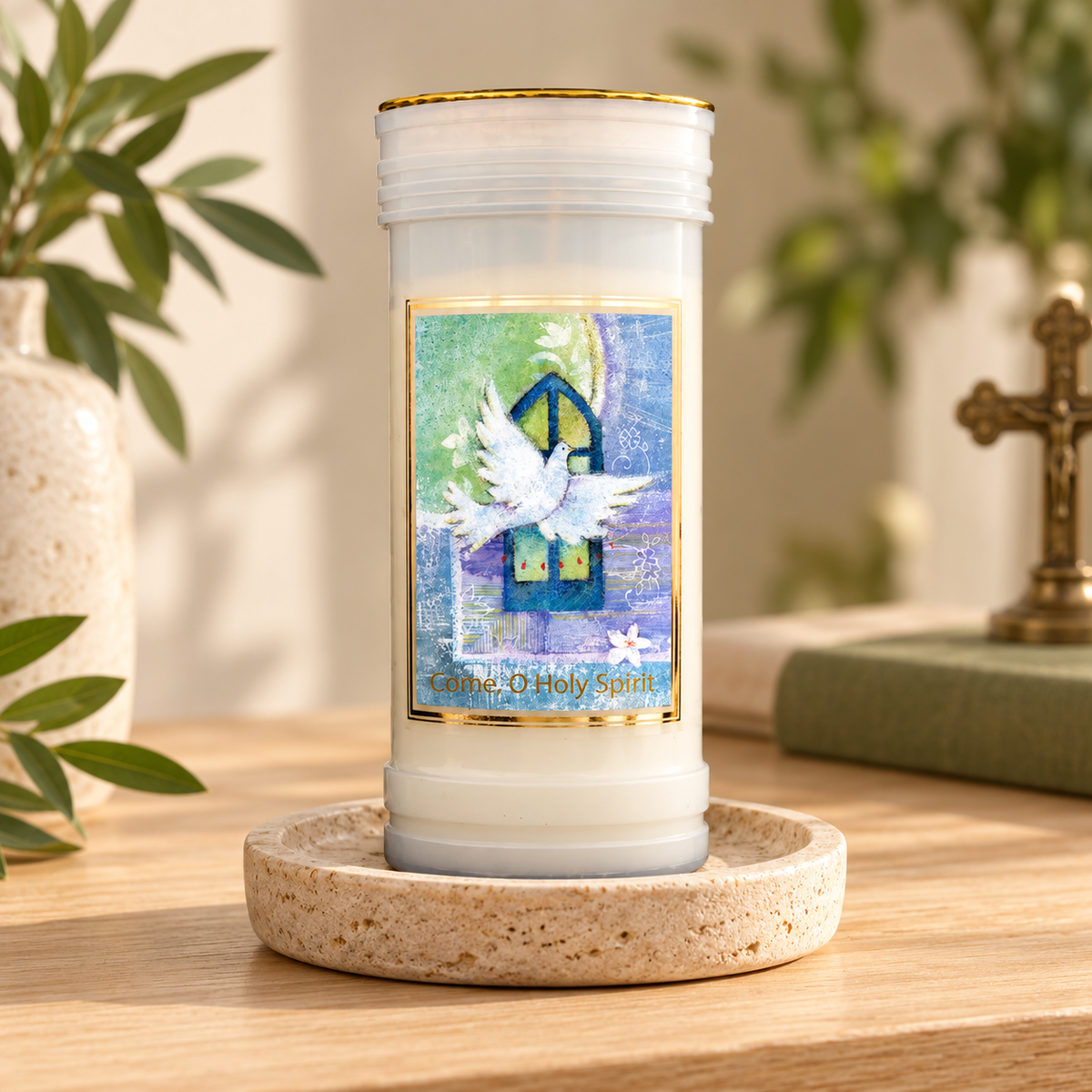 Holy Spirit Prayer Pillar Candle – 14cm — styled lifestyle photograph