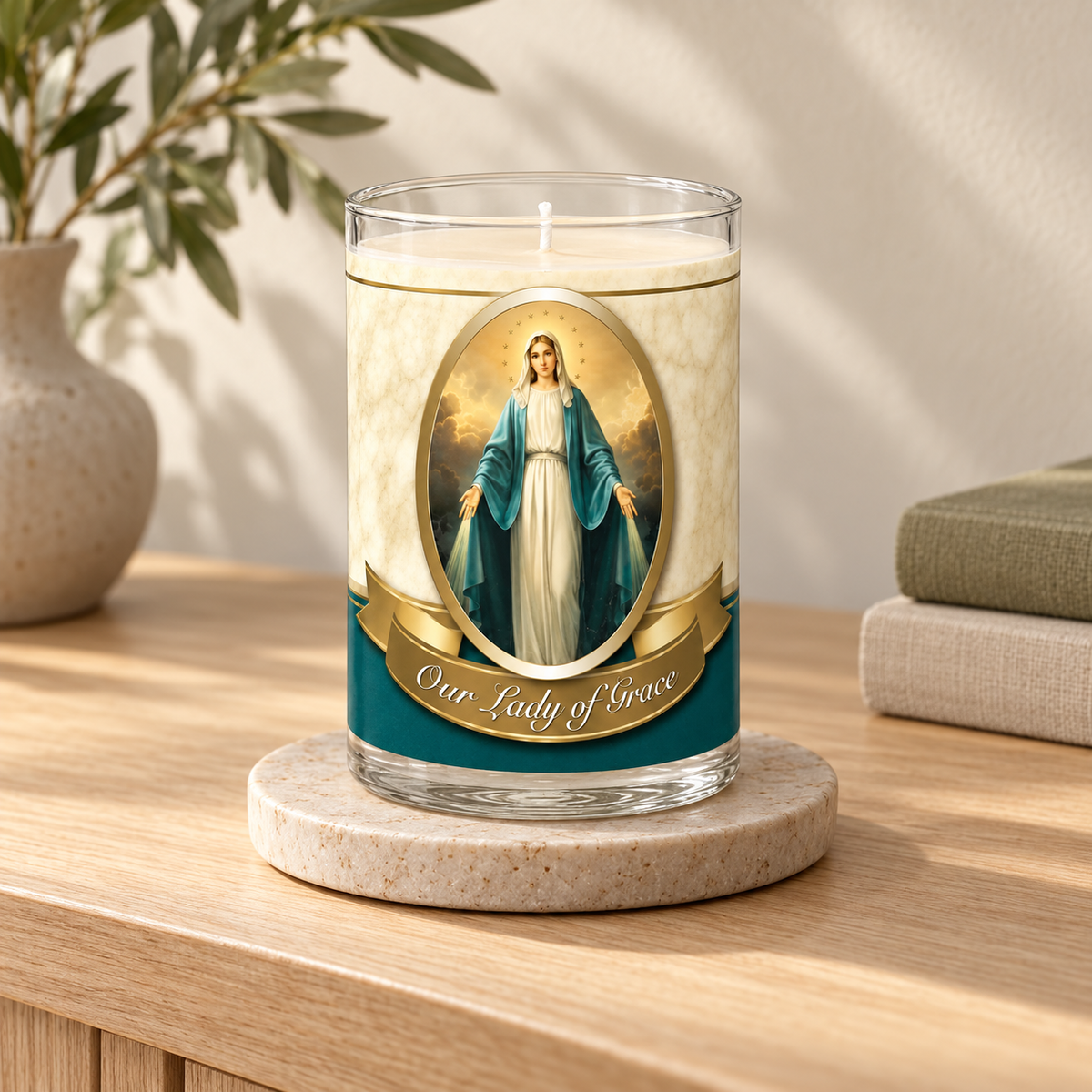 Miraculous Medal 24 Hour Votive Candle — styled lifestyle photograph