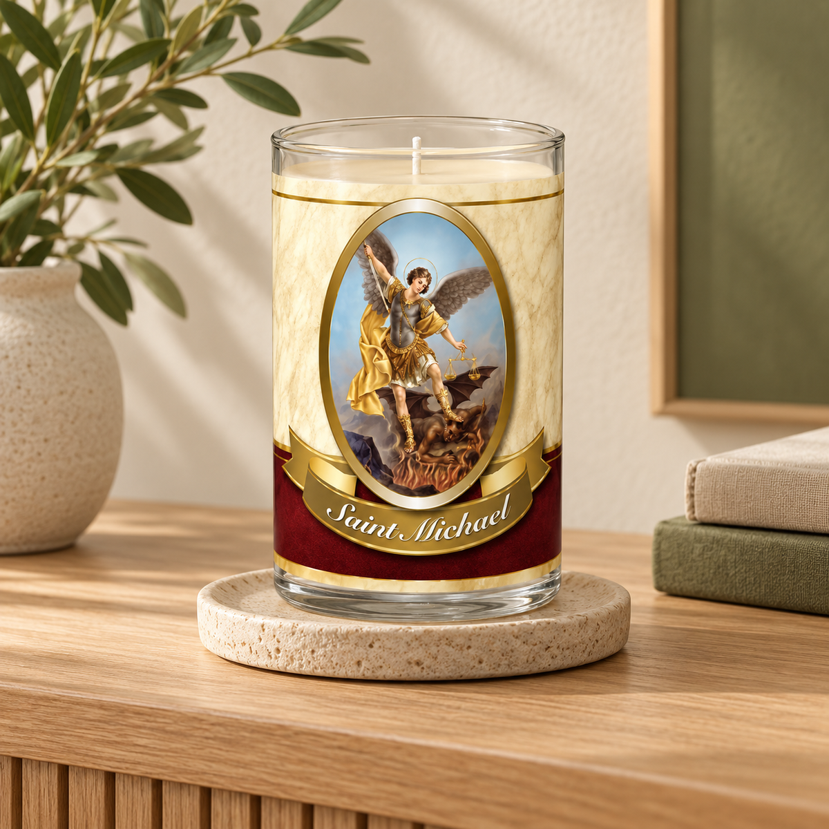 Saint Michael 24 Hour Votive Candle — styled lifestyle photograph