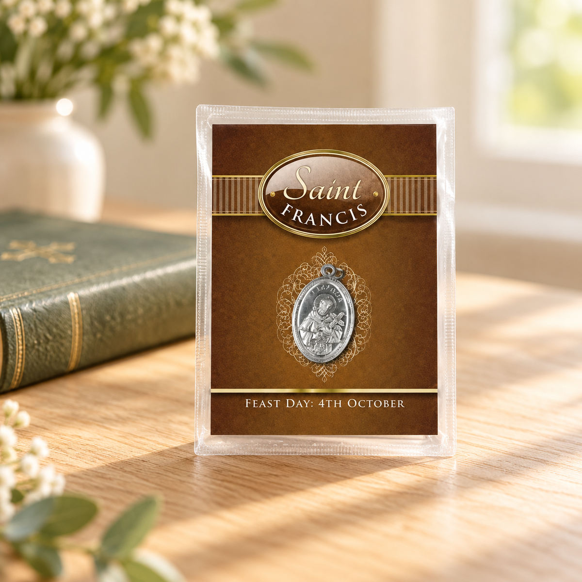 Saint Francis Leaflet with Oxidised Medal — styled lifestyle photograph