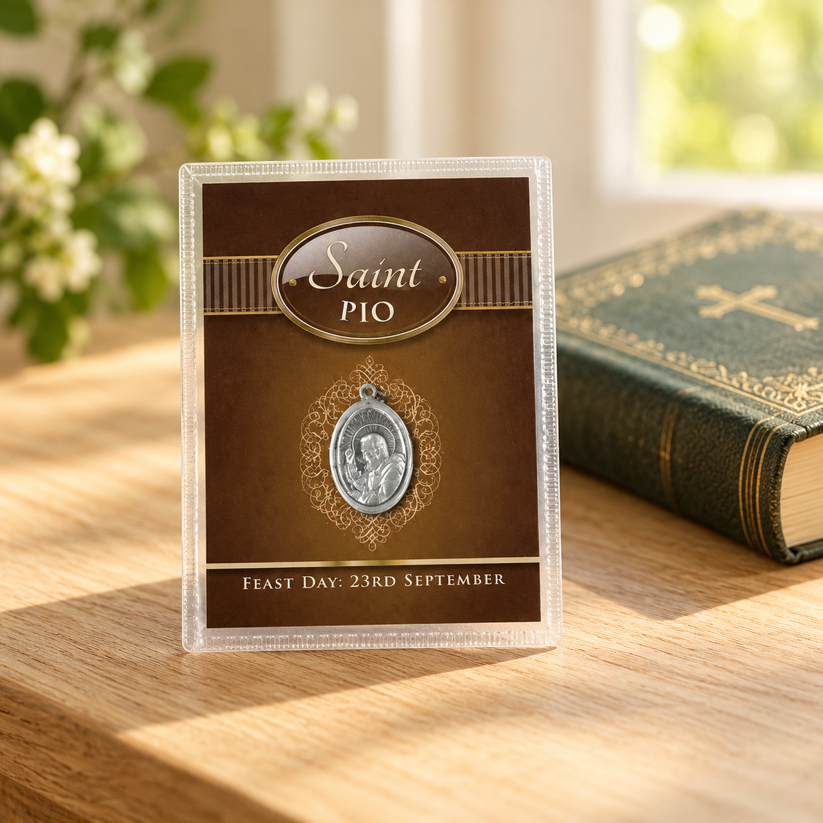 Saint Pio Leaflet with Oxidised Medal — styled lifestyle photograph