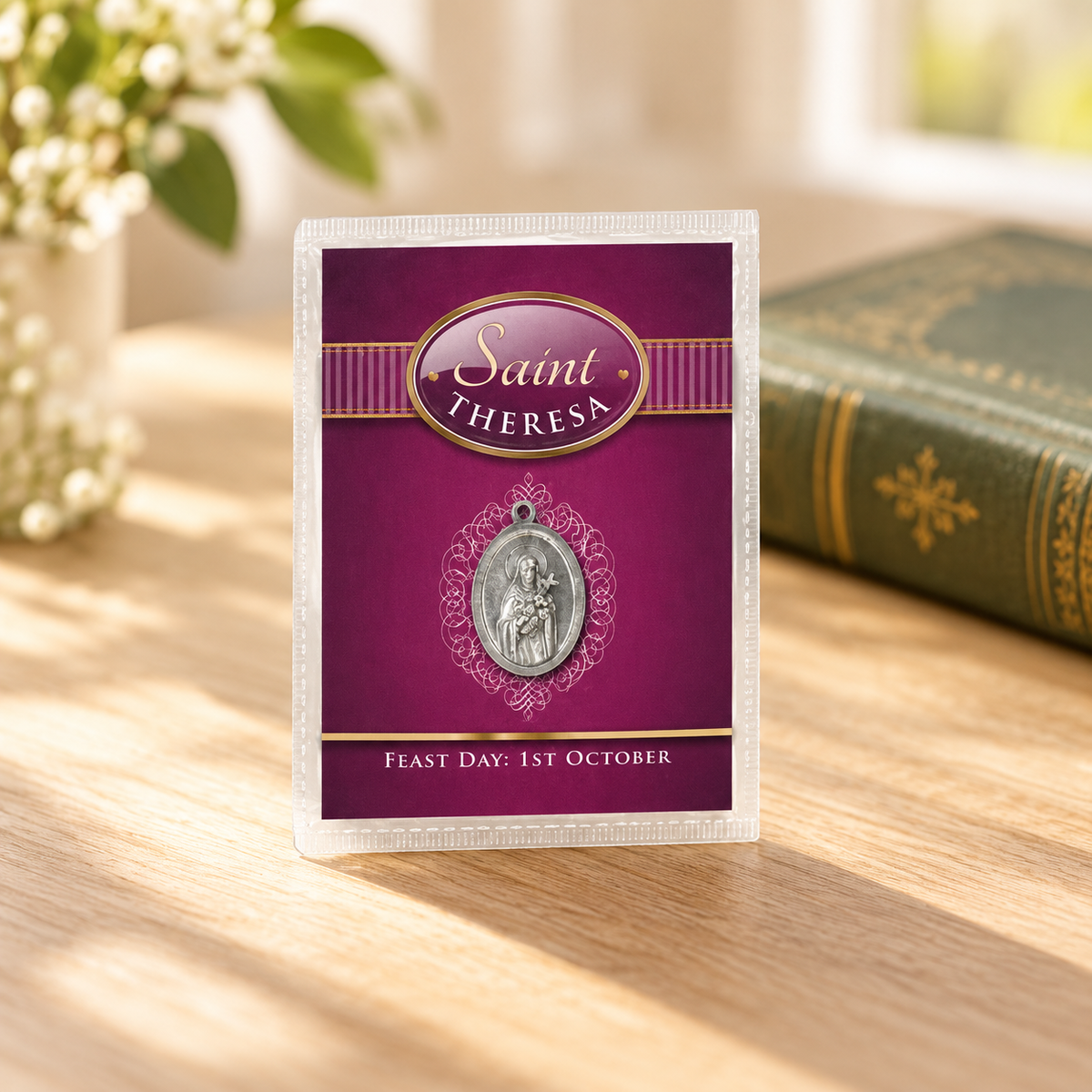 Saint Thérèse Leaflet with Oxidised Medal — styled lifestyle photograph