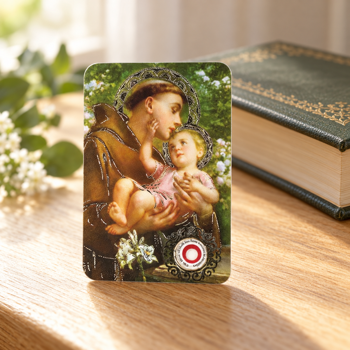 Saint Anthony Relic Prayer Card — styled lifestyle photograph