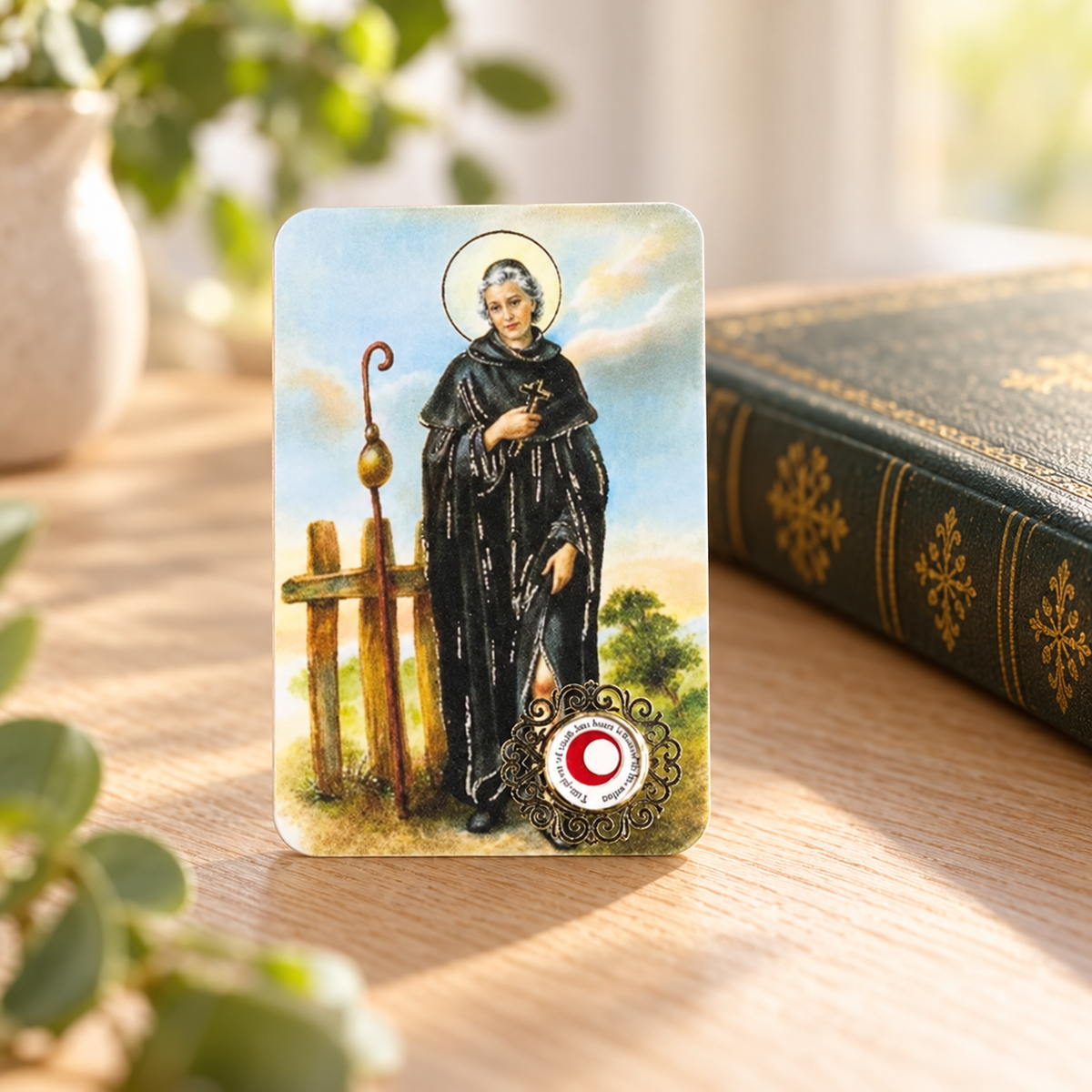 Saint Peregrine Relic Prayer Card — styled lifestyle photograph
