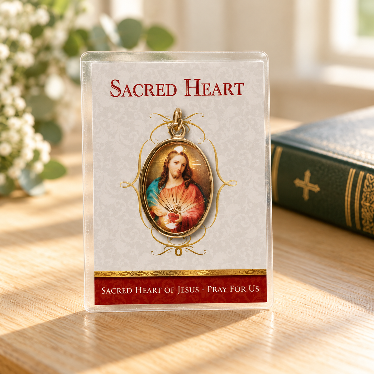 Leaflet - Gilt Medal-Gold Foil - Sacred Heart — styled lifestyle photograph