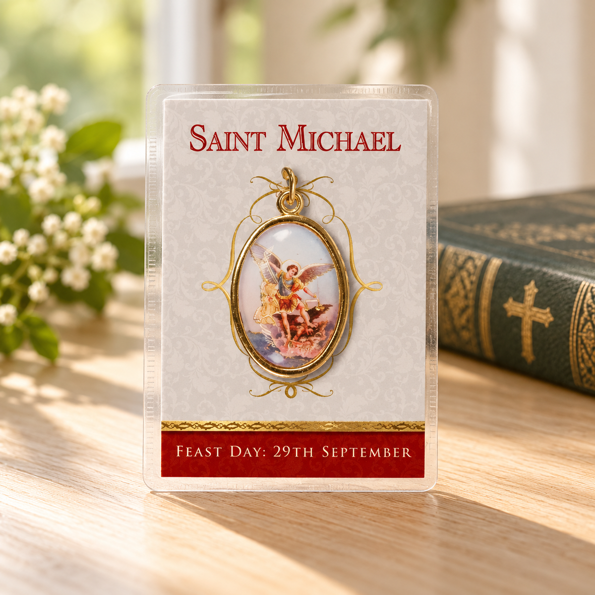 Leaflet - Gilt Medal-Gold Foil - St. Michael — styled lifestyle photograph