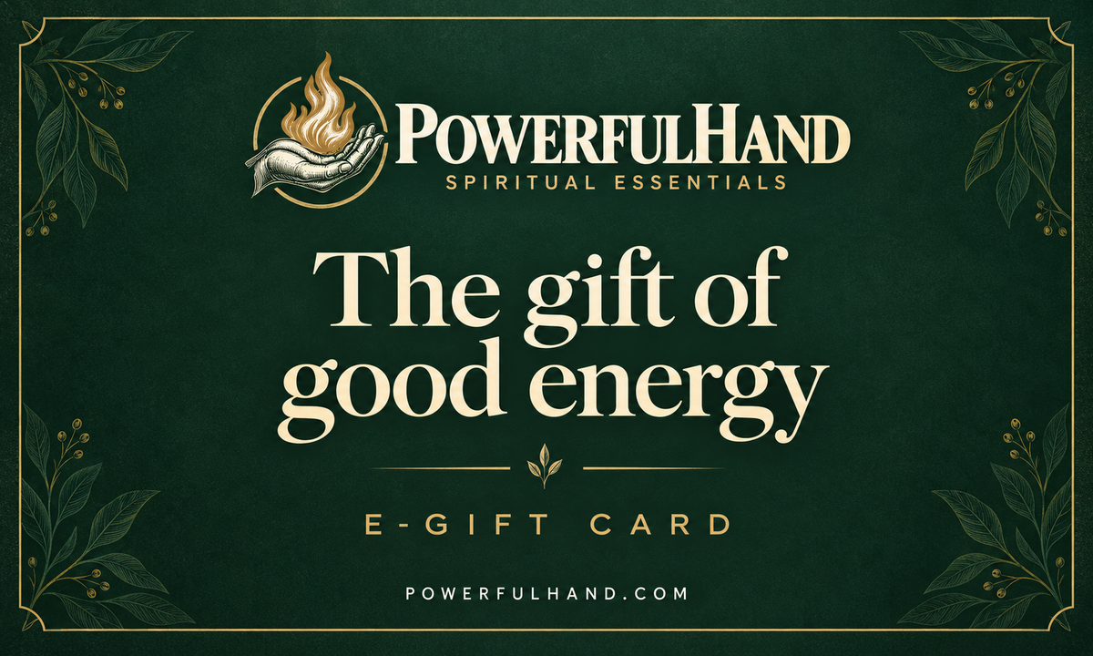 PowerfulHand E-Gift Card — The gift of good energy, forest green with gold botanical details and hand-and-flame branding