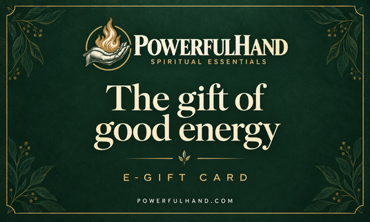 PowerfulHand E-Gift Card — The gift of good energy, forest green with gold botanical details and hand-and-flame branding