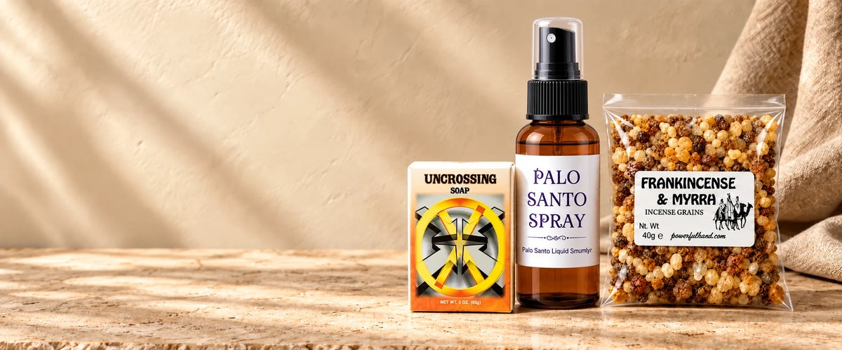 Palo Santo room spray, Uncrossing soap and Frankincense & Myrrh incense grains on warm limestone
