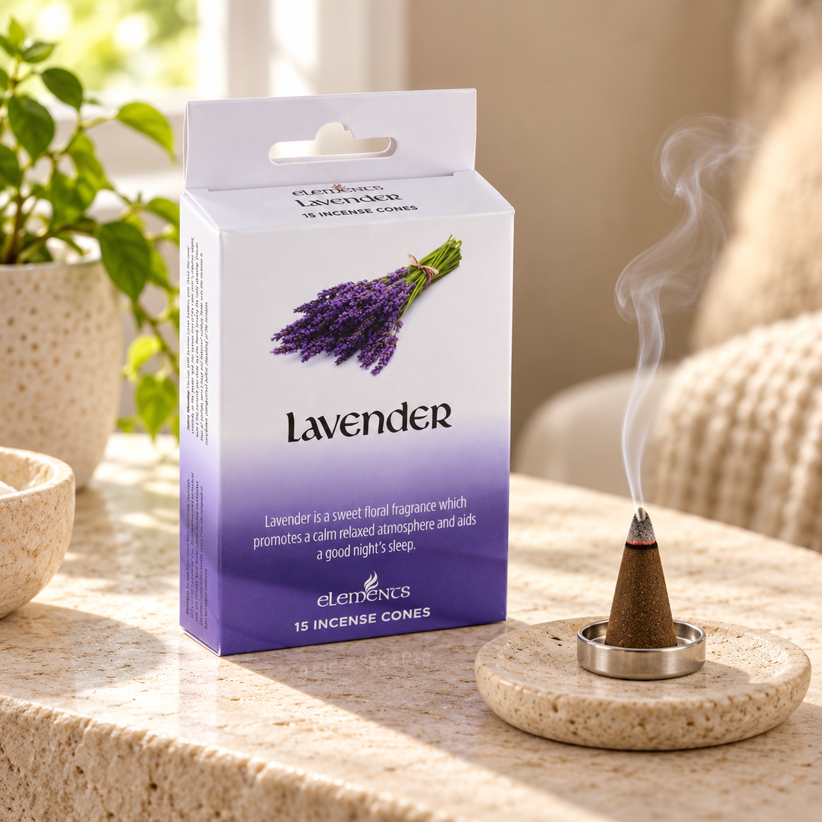 Elements Lavender Incense Cones – 15 Pack — styled lifestyle product photograph